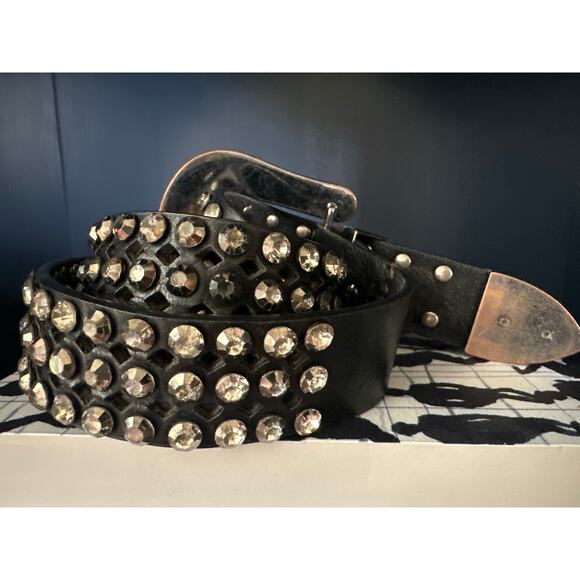 Vintage Studded Leather Suede Western Belt Rhinestone Silver Buckle 38” Medium main image 8